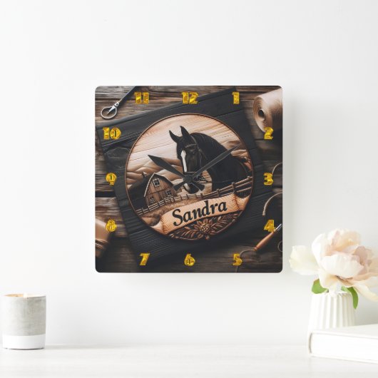 カスタム馬と納屋の木彫り スクエア壁時計 (ホーム)