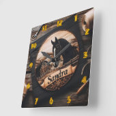 カスタム馬と納屋の木彫り スクエア壁時計 (傾斜)