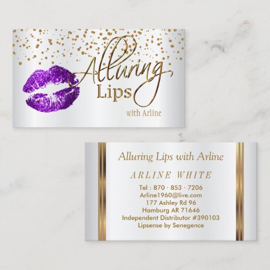 カスタム魅力的 – 唇の金ゴールド紙吹雪と紫の唇 名刺 (正面/裏面)