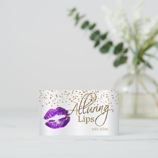カスタム魅力的 – 唇の金ゴールド紙吹雪と紫の唇 名刺 (スタンド正面)