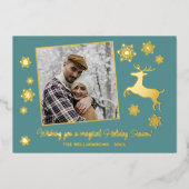 カスタム鹿&スノーフレークonティール（緑がかった色）ブルーグリーン金ゴールド 箔シーズンカード (正面)