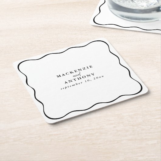 カスタム黒と白の波形結婚のお洒落 スクエアペーパーコースター (アングル)