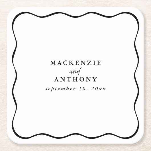 カスタム黒と白の波形結婚のお洒落 スクエアペーパーコースター (正面)