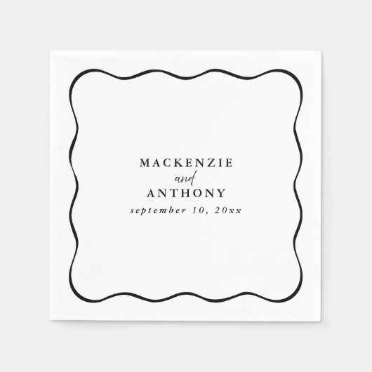 カスタム黒と白の波状フレームの結婚カクテル スタンダードカクテルナプキン (正面)