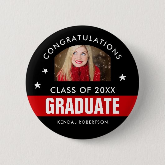 カスタム黒と赤の卒業写真ボタン 缶バッジ (正面)