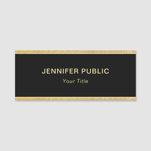 カスタム黒スタイリッシュおよび金ゴールドグリッター長方形 名札 (正面)