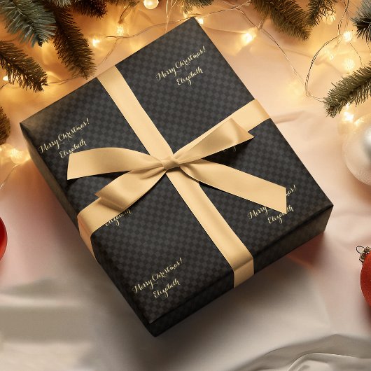 カスタム黒チェックモダンパターフェイクン金ゴールドスクリプト ラッピングペーパー
