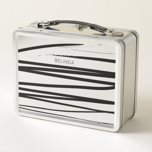 カスタム黒モダン線とホワイトラインの抽象芸術アート メタルランチボックス (裏面)