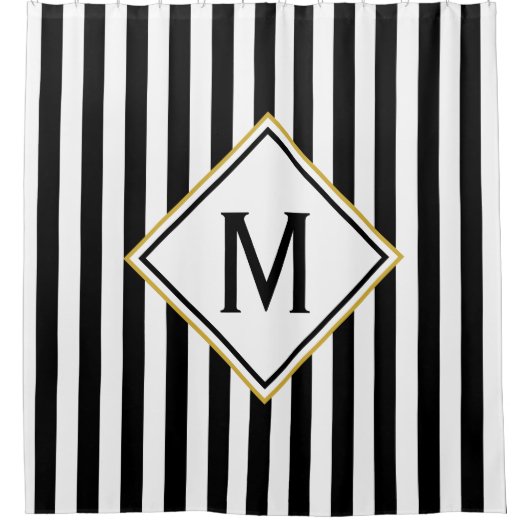 カスタム黒モノグラムの白のパタストライプのーン シャワーカーテン (正面)