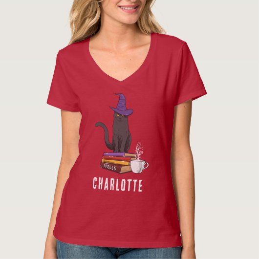 カスタム黒猫の魔女ハロウィンのトリックまたは治療 Tシャツ (正面)