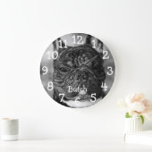 カスタム黒白ペット写真名大時計 ラージ壁時計 (ホーム)