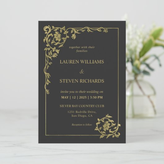 カスタム黒金ゴールド王室の古代結婚装飾 招待状 (スタンド正面)