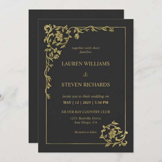 カスタム黒金ゴールド王室の古代結婚装飾 招待状 (正面/裏面)
