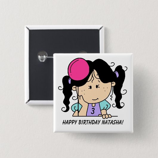 カスタム黒髪ガール誕生日ボタン 缶バッジ (正面&裏面)