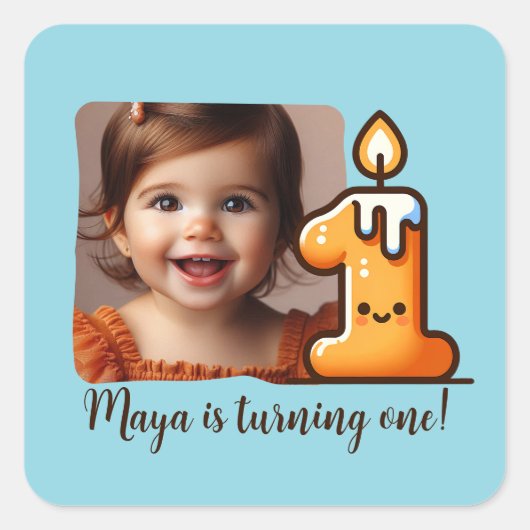 カスタム1歳の写真と名前の誕生日 スクエアシール (正面)