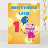 カスタム1歳の誕生日女の子豚 カード (黄色い花)