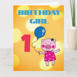 カスタム1歳の誕生日女の子豚 カード