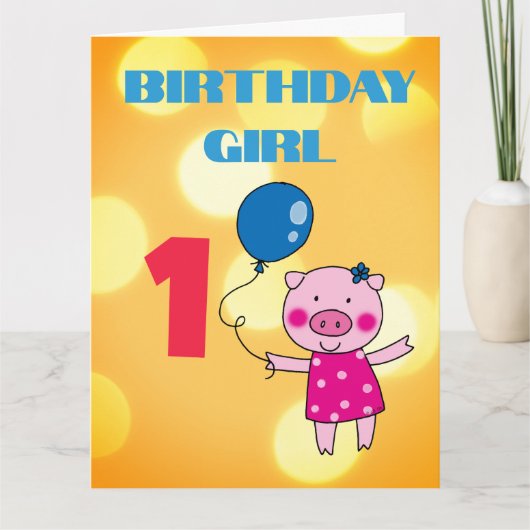 カスタム1歳の誕生日女の子豚 カード (正面)