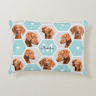 カスタム10 Pet Dog Photo Collage Monogram Blue Gray アクセントクッション