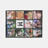 カスタム11フォトコラージュファミリーネームモノグラムブラック フリースブランケット (正面(横))