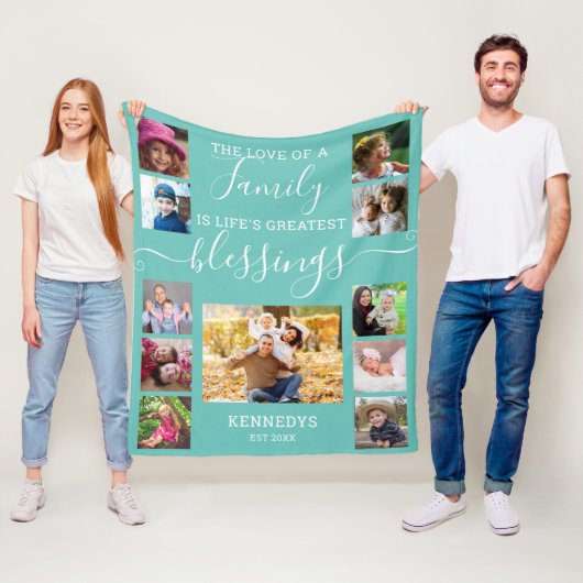 カスタム11フォトコラージュ家族ラブ引用文ティール(緑がかった色) フリースブランケット (インサイチュ)