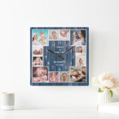カスタム12ファミリーフォトコラージュ航海のブルーウッド スクエア壁時計 (ホーム)