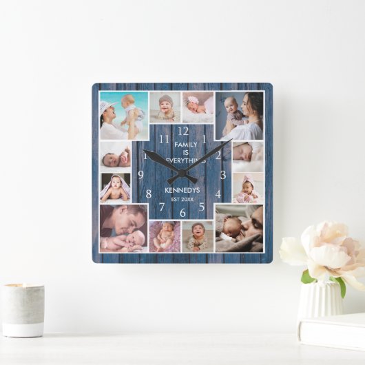カスタム12ファミリーフォトコラージュ航海のブルーウッド スクエア壁時計 (ホーム)