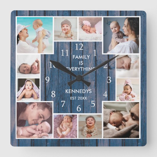 カスタム12ファミリーフォトコラージュ航海のブルーウッド スクエア壁時計 (正面)