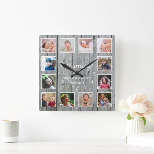 カスタム12フォトコラージファミリーフォーエバーグレーウッド スクエア壁時計 (ホーム)