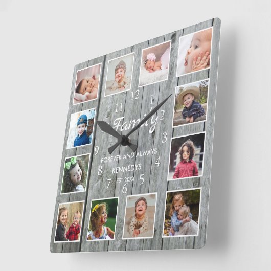 カスタム12フォトコラージファミリーフォーエバーグレーウッド スクエア壁時計 (傾斜)