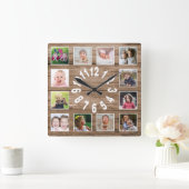 カスタム12フォトコラージフレーム再生木材 スクエア壁時計 (ホーム)