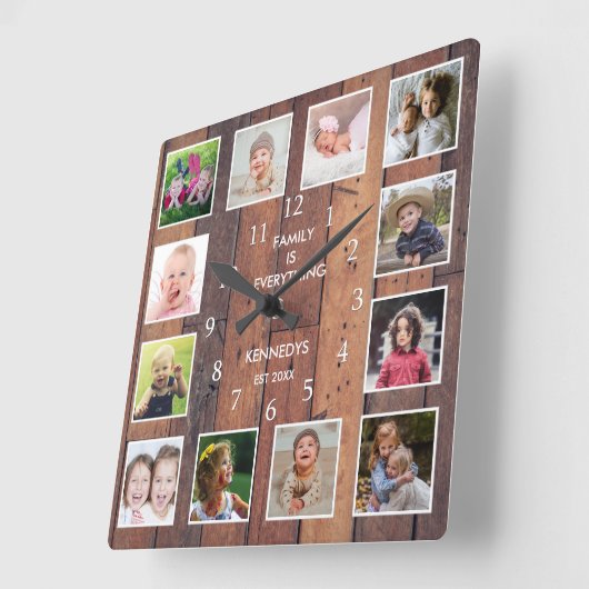 カスタム12フォトコラージュファミリー引用文パレットウッド スクエア壁時計 (傾斜)