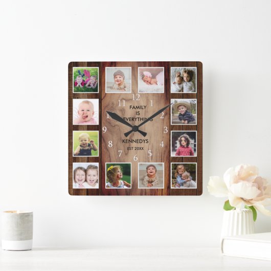 カスタム12フォトコラージュファミリー引用文ブラウン スクエア壁時計 (ホーム)
