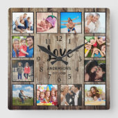 カスタム12フォトコラージュ家族の愛の再生された木材 スクエア壁時計 (正面)