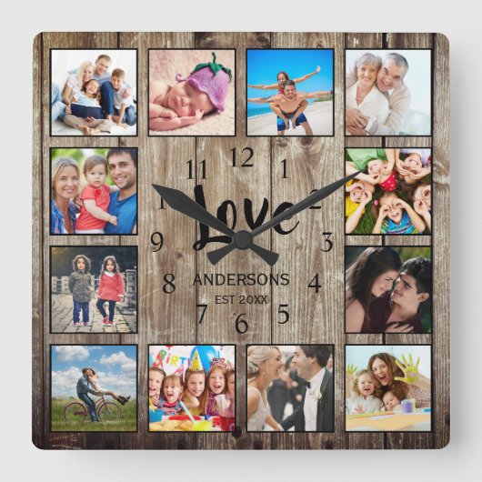 カスタム12フォトコラージュ家族の愛の再生された木材 スクエア壁時計 (正面)
