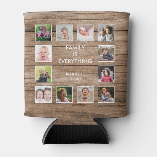 カスタム12フォトコラージュ家族引用文再生木材 缶クーラー (正面)