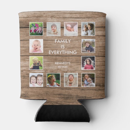 カスタム12フォトコラージュ家族引用文再生木材 缶クーラー (裏面)