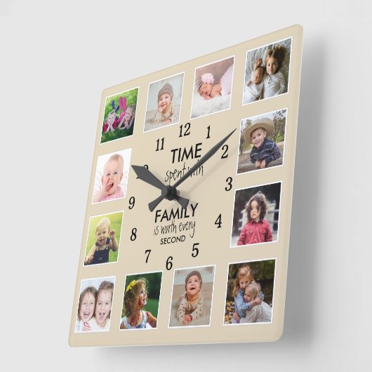 カスタム12家族との写真テンプレート時間引用文 スクエア壁時計 (傾斜)