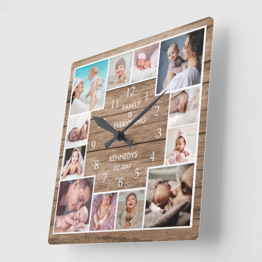 カスタム12家族の写真コラージュ再生木材 スクエア壁時計 (傾斜)