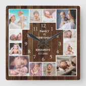 カスタム12家族フォトコラージュ茶素朴材 スクエア壁時計 (正面)