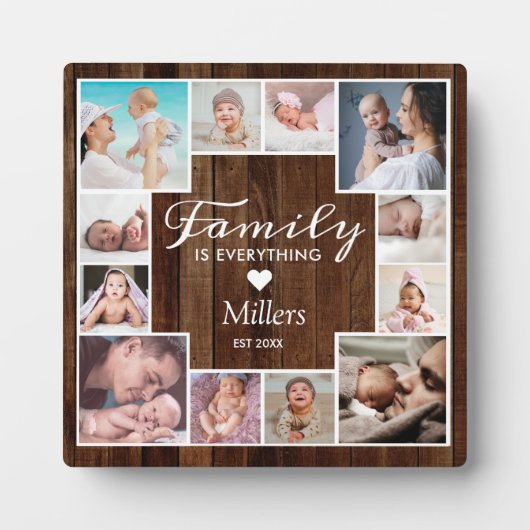 カスタム12家族フォトコラージュ茶素朴材 フォトプラーク (正面)