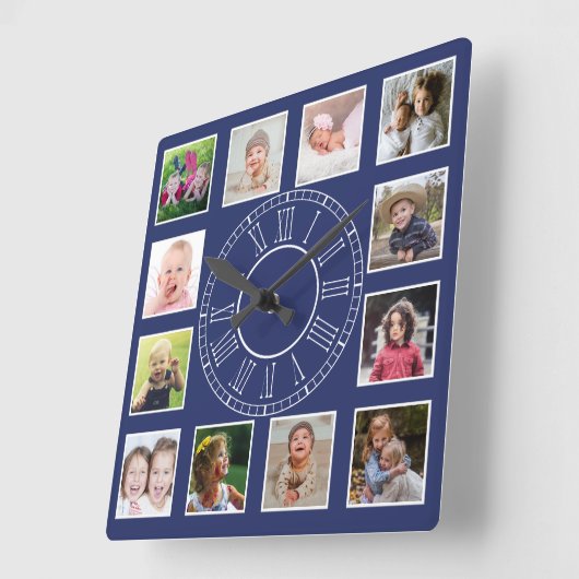 カスタム12家族写真コラージュ青ローマ数字 スクエア壁時計 (傾斜)