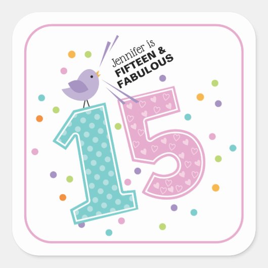 カスタム15と素晴らしいピンク紙吹雪誕生日 スクエアシール (正面)