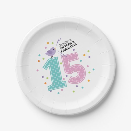 カスタム15と素晴らしいピンク紙吹雪誕生日 ペーパープレート (正面)