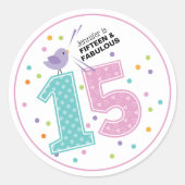 カスタム15と素晴らしいピンク紙吹雪誕生日 ラウンドシール (正面)