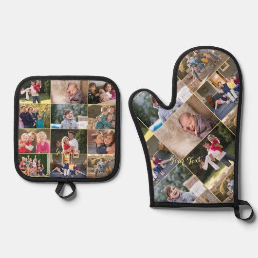 カスタム17パーソナライズされたフォトコラージュ金ゴールドモノグラム 鍋つかみ&鍋敷きセット (正面)