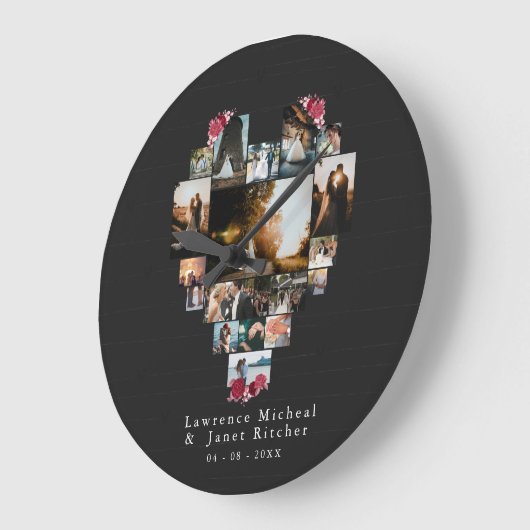 カスタム18ハート型フォトコラージュカップルのギフト ラージ壁時計 (傾斜)
