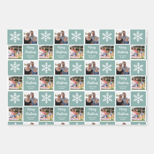 カスタム2フォトクリスマススノーフレークティール(緑がかった色) ラッピングペーパーシート (正面3)