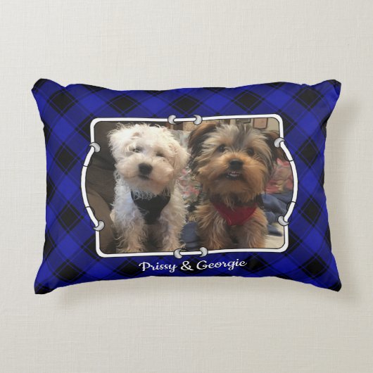 カスタム2フォトフレーム青と黒の格子縞 アクセントクッション (正面)