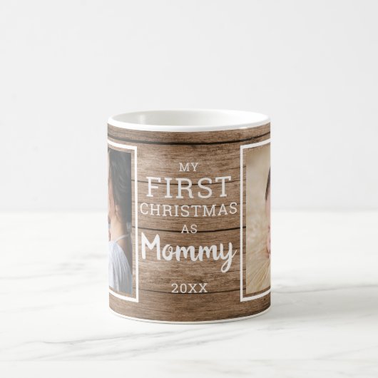 カスタム2フォトママ初めてのクリスマスウッ素朴ド コーヒーマグカップ (中央)